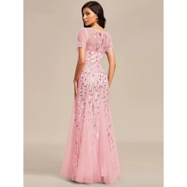 imageEverPretty Womens Elegant Illusion Short Sleeve Crew Neck Sequin Embroidery Mermaid Evening Dresses 07707Pink