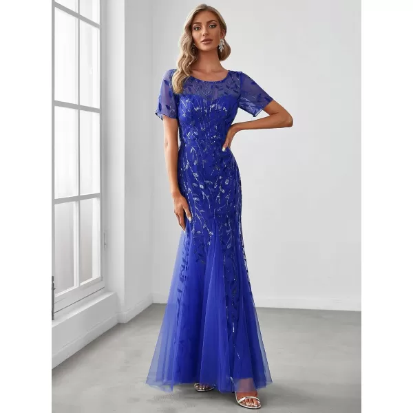 imageEverPretty Womens Elegant Illusion Short Sleeve Crew Neck Sequin Embroidery Mermaid Evening Dresses 07707Sapphire Blue