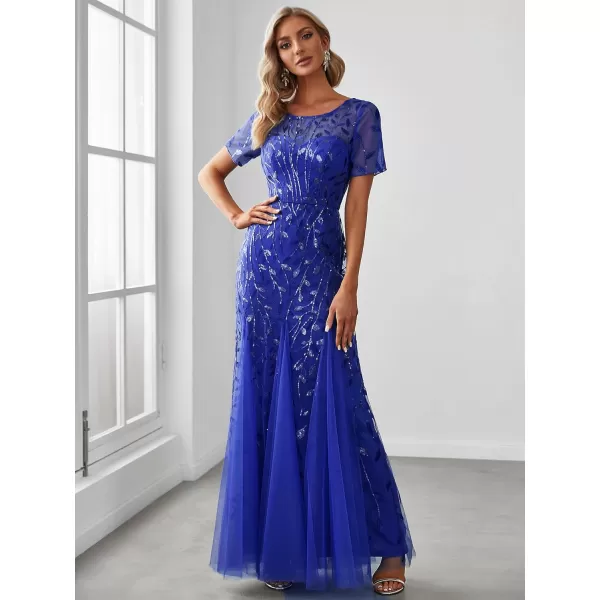 imageEverPretty Womens Elegant Illusion Short Sleeve Crew Neck Sequin Embroidery Mermaid Evening Dresses 07707Sapphire Blue