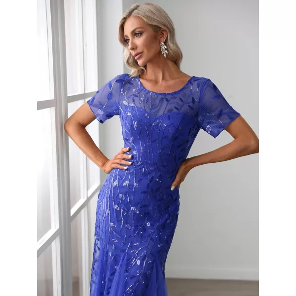 imageEverPretty Womens Elegant Illusion Short Sleeve Crew Neck Sequin Embroidery Mermaid Evening Dresses 07707Sapphire Blue