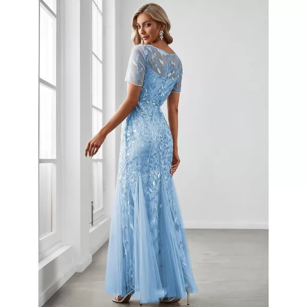 imageEverPretty Womens Elegant Illusion Short Sleeve Crew Neck Sequin Embroidery Mermaid Evening Dresses 07707Sky Blue