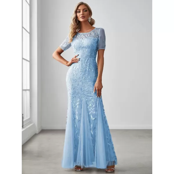 imageEverPretty Womens Elegant Illusion Short Sleeve Crew Neck Sequin Embroidery Mermaid Evening Dresses 07707Sky Blue