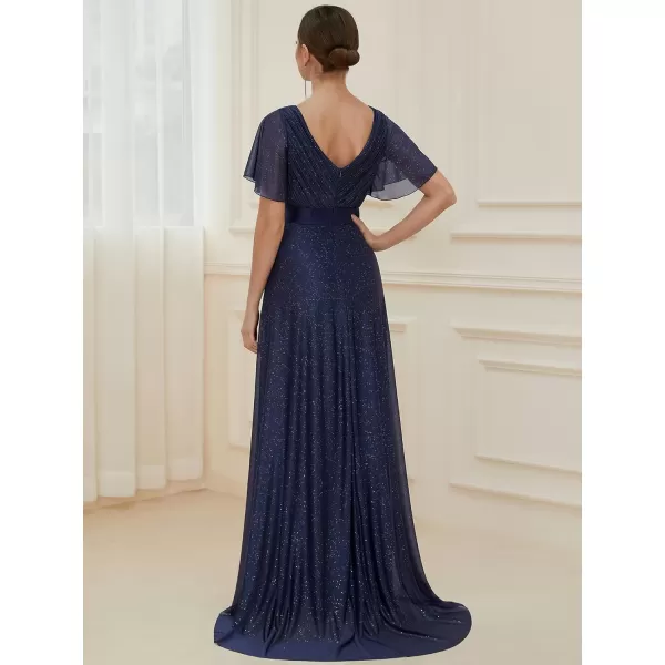 imageEverPretty Womens Evening Dresses V Neck Short Sleeves Aline Glitter Formal Dresses 50159Navy Blue