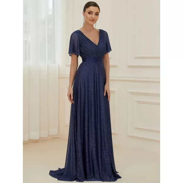 imageEverPretty Womens Evening Dresses V Neck Short Sleeves Aline Glitter Formal Dresses 50159Navy Blue