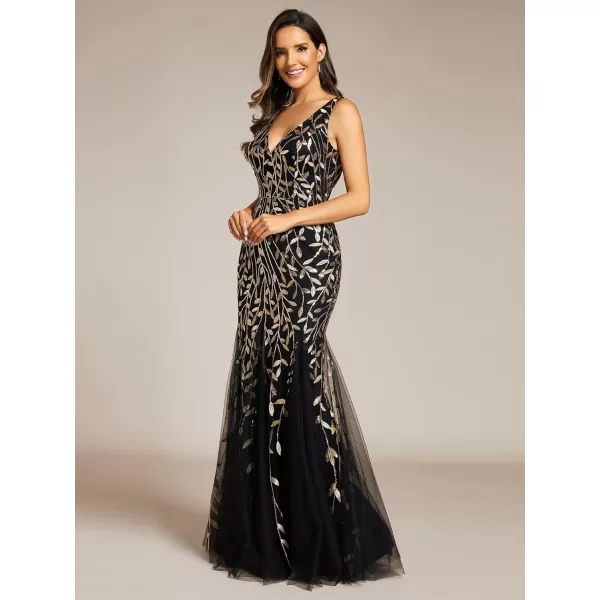 imageEverPretty Womens Formal Dress Sequin Double VNeck Sleeveless Mermaid Long Evening Dress 07886Black Gold