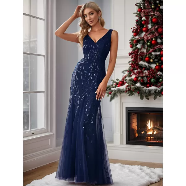 imageEverPretty Womens Formal Dress Sequin Double VNeck Sleeveless Mermaid Long Evening Dress 07886Navy