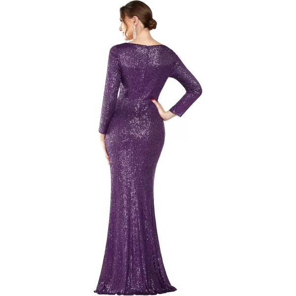 imageEverPretty Womens Sequin Evening Dress Long Sleeves Side Split FloorLength Formal Gowns 00824Purple