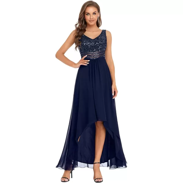 imageEverPretty Womens Sequin VNeck SeeThrough Waist High Low Wedding Guest Dress 0410USANavy Blue