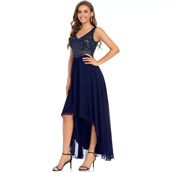 imageEverPretty Womens Sequin VNeck SeeThrough Waist High Low Wedding Guest Dress 0410USANavy Blue