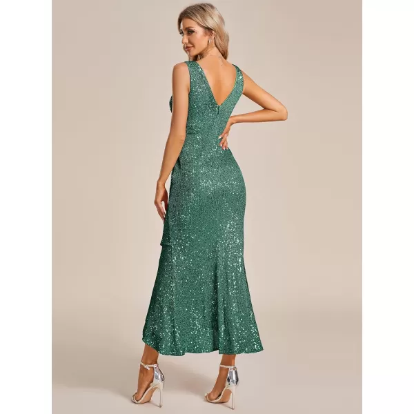 imageEverPretty Womens Sexy Glitter HighLow Ruffled VNeck Evening Dress with Sleeves 01914Deep Green