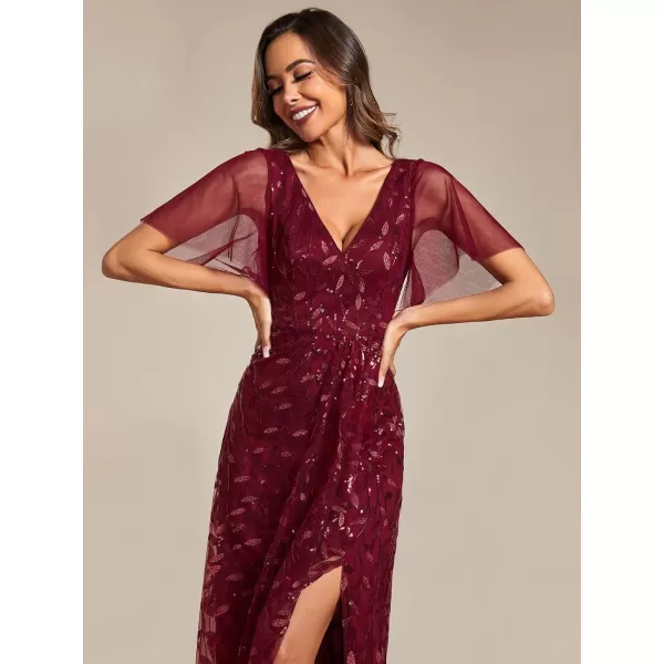 imageEverPretty Womens Shimmery Formal Dress V Neck Sequins ALine Side Slit Elegant Long Evening Dresses 02083Burgundy