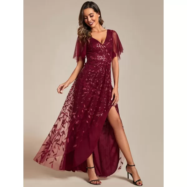 imageEverPretty Womens Shimmery Formal Dress V Neck Sequins ALine Side Slit Elegant Long Evening Dresses 02083Burgundy