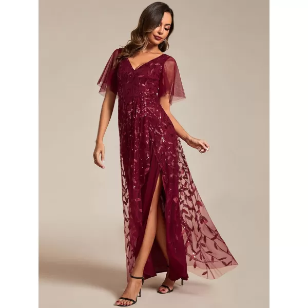 imageEverPretty Womens Shimmery Formal Dress V Neck Sequins ALine Side Slit Elegant Long Evening Dresses 02083Burgundy