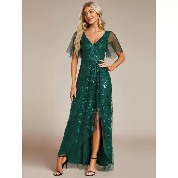 imageEverPretty Womens Shimmery Formal Dress V Neck Sequins ALine Side Slit Elegant Long Evening Dresses 02083Dark Green