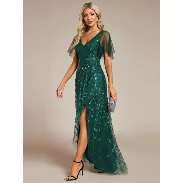 imageEverPretty Womens Shimmery Formal Dress V Neck Sequins ALine Side Slit Elegant Long Evening Dresses 02083Dark Green