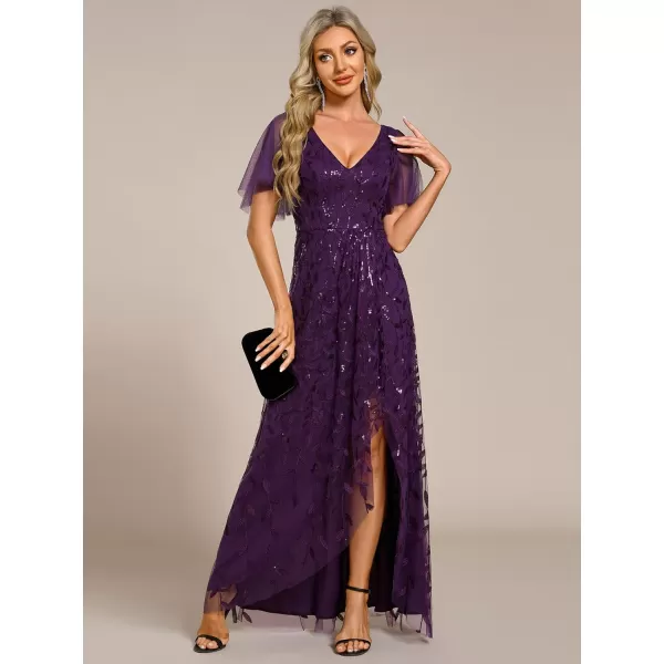 imageEverPretty Womens Shimmery Formal Dress V Neck Sequins ALine Side Slit Elegant Long Evening Dresses 02083Dark Purple