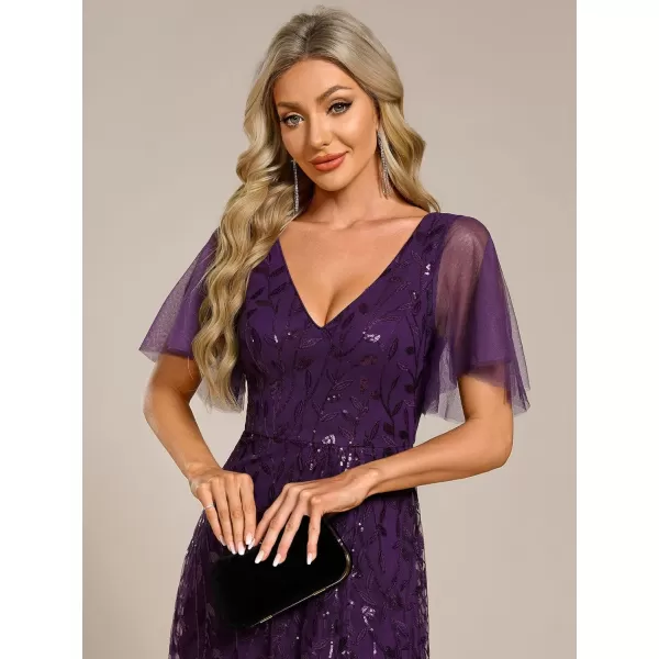 imageEverPretty Womens Shimmery Formal Dress V Neck Sequins ALine Side Slit Elegant Long Evening Dresses 02083Dark Purple