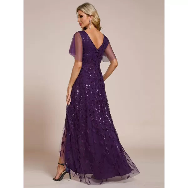 imageEverPretty Womens Shimmery Formal Dress V Neck Sequins ALine Side Slit Elegant Long Evening Dresses 02083Dark Purple