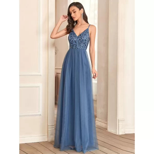 imageEverPretty Womens Sleeveless V Neck Sequin Embroidery Tulle Long Wedding Party Evening Dress 50090Haze Blue