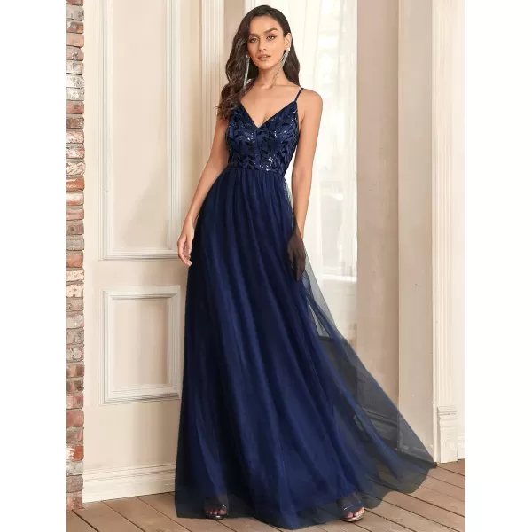 imageEverPretty Womens Sleeveless V Neck Sequin Embroidery Tulle Long Wedding Party Evening Dress 50090Navy