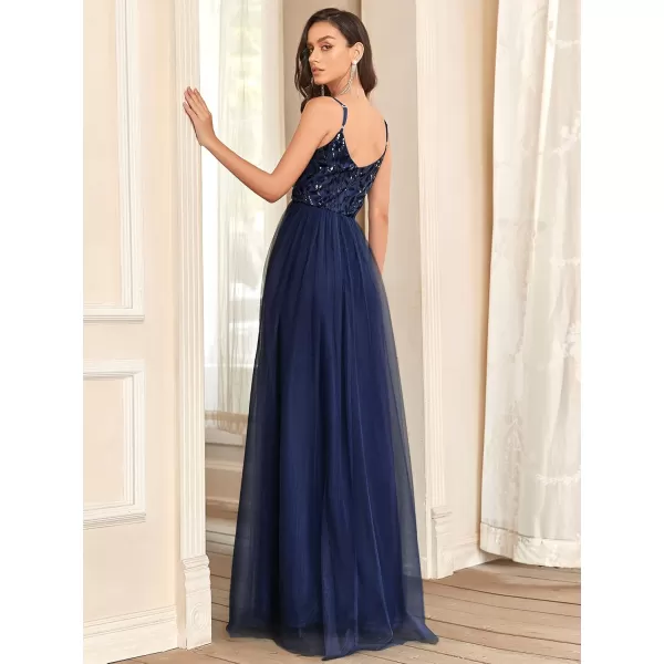 imageEverPretty Womens Sleeveless V Neck Sequin Embroidery Tulle Long Wedding Party Evening Dress 50090Navy