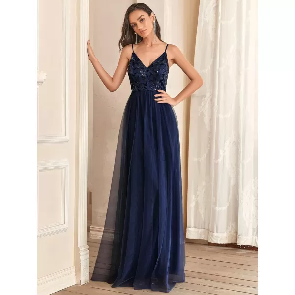 imageEverPretty Womens Sleeveless V Neck Sequin Embroidery Tulle Long Wedding Party Evening Dress 50090Navy