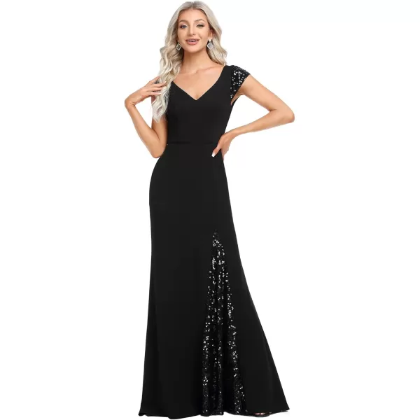 imageEverPretty Womens VNeck Cap Sleeves Sequin Mermaid FloorLength Evening Dresses 01586Black