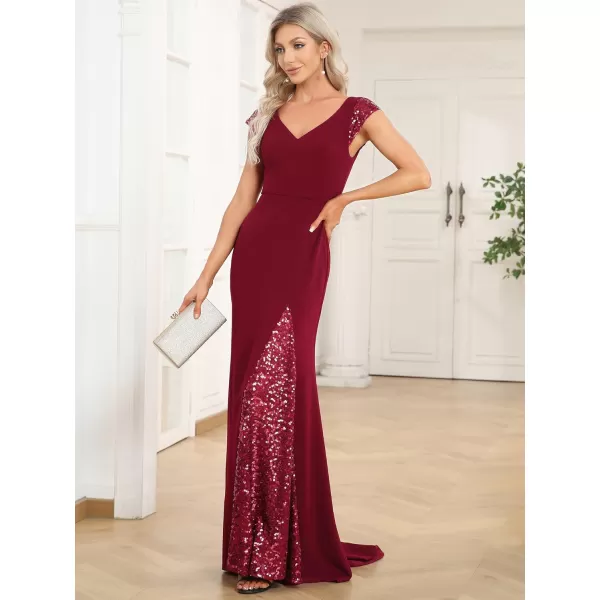 imageEverPretty Womens VNeck Cap Sleeves Sequin Mermaid FloorLength Evening Dresses 01586Burgundy