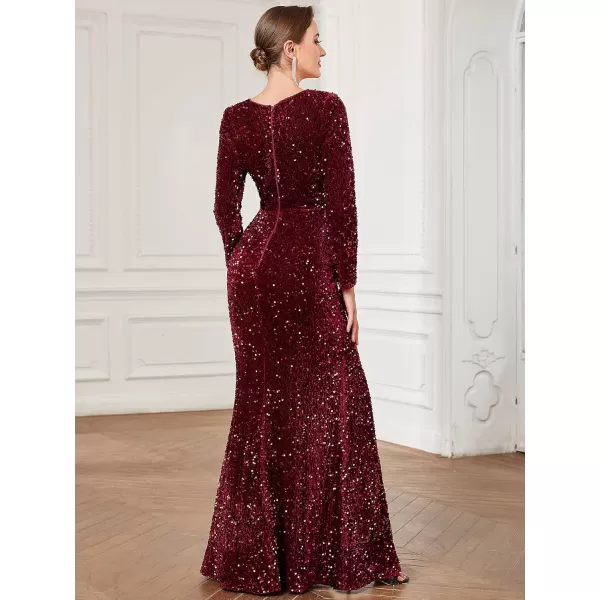 imageEverPretty Womens VNeck Long Sleeves Sequin Side Slit Memaid Floor Length Evening Dresses 01392Burgundy