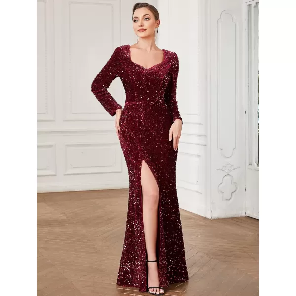 imageEverPretty Womens VNeck Long Sleeves Sequin Side Slit Memaid Floor Length Evening Dresses 01392Burgundy