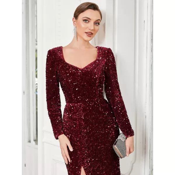 imageEverPretty Womens VNeck Long Sleeves Sequin Side Slit Memaid Floor Length Evening Dresses 01392Burgundy