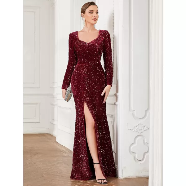 imageEverPretty Womens VNeck Long Sleeves Sequin Side Slit Memaid Floor Length Evening Dresses 01392Burgundy