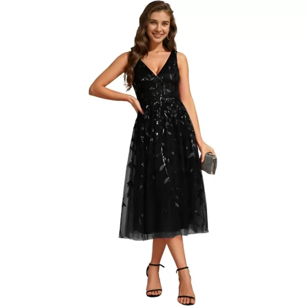 imageEverPretty Womens A Line V Neck Open Back Sleeveless Ruched Sequin Knee Length Formal Dress 02106Black