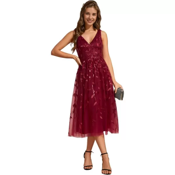 imageEverPretty Womens A Line V Neck Open Back Sleeveless Ruched Sequin Knee Length Formal Dress 02106Burgundy