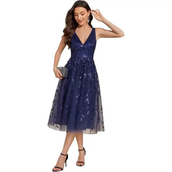 imageEverPretty Womens A Line V Neck Open Back Sleeveless Ruched Sequin Knee Length Formal Dress 02106Navy Blue