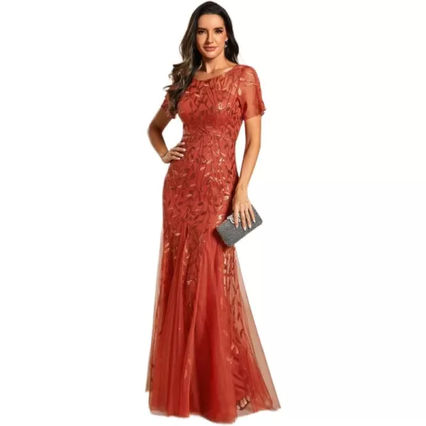 imageEverPretty Womens Elegant Illusion Short Sleeve Crew Neck Sequin Embroidery Mermaid Evening Dresses 07707Burnt Orange