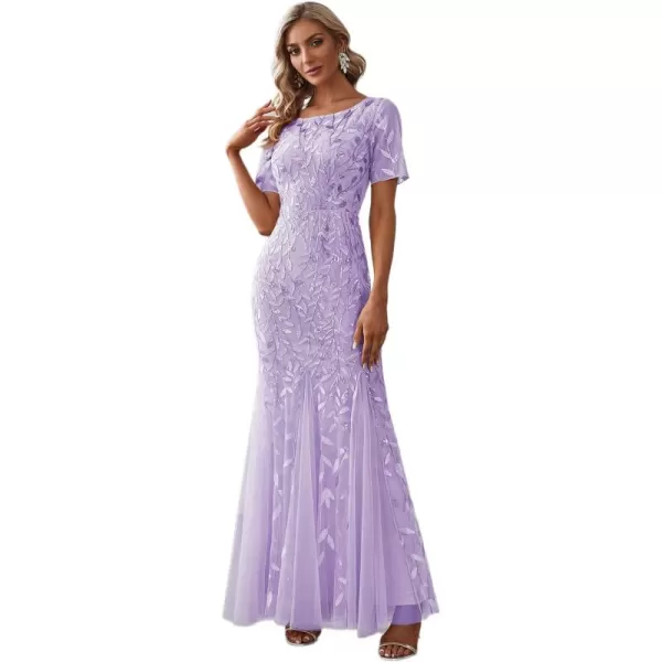 imageEverPretty Womens Elegant Illusion Short Sleeve Crew Neck Sequin Embroidery Mermaid Evening Dresses 07707Lavender