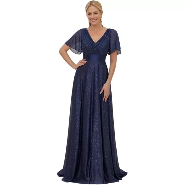 imageEverPretty Womens Evening Dresses V Neck Short Sleeves Aline Glitter Formal Dresses 50159Navy Blue