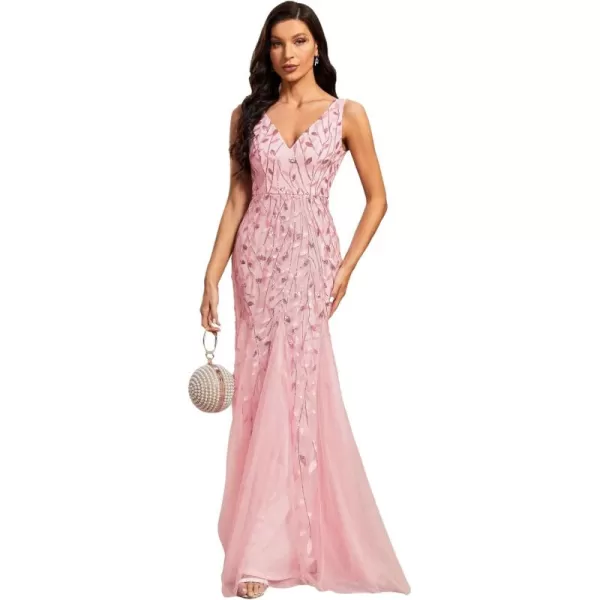 imageEverPretty Womens Formal Dress Sequin Double VNeck Sleeveless Mermaid Long Evening Dress 07886Pink