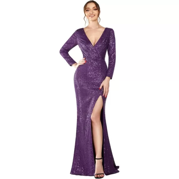 imageEverPretty Womens Sequin Evening Dress Long Sleeves Side Split FloorLength Formal Gowns 00824Purple