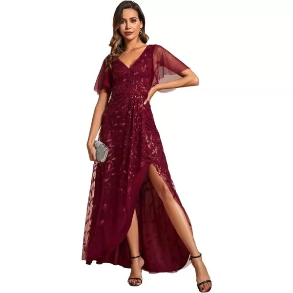 imageEverPretty Womens Shimmery Formal Dress V Neck Sequins ALine Side Slit Elegant Long Evening Dresses 02083Burgundy