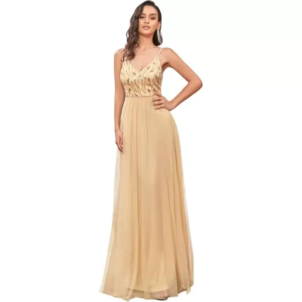 imageEverPretty Womens Sleeveless V Neck Sequin Embroidery Tulle Long Wedding Party Evening Dress 50090Gold