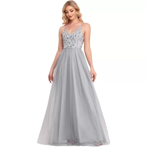 imageEverPretty Womens Sleeveless V Neck Sequin Embroidery Tulle Long Wedding Party Evening Dress 50090Grey