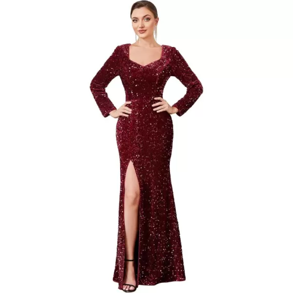 imageEverPretty Womens VNeck Long Sleeves Sequin Side Slit Memaid Floor Length Evening Dresses 01392Burgundy