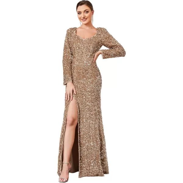 imageEverPretty Womens VNeck Long Sleeves Sequin Side Slit Memaid Floor Length Evening Dresses 01392Mushroom