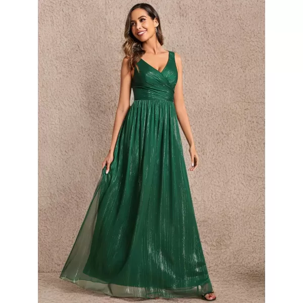 imageEverPretty Womens A Line Glitter Sleeveless Pleated V Neck Maxi Formal Dress 02096Dark Green