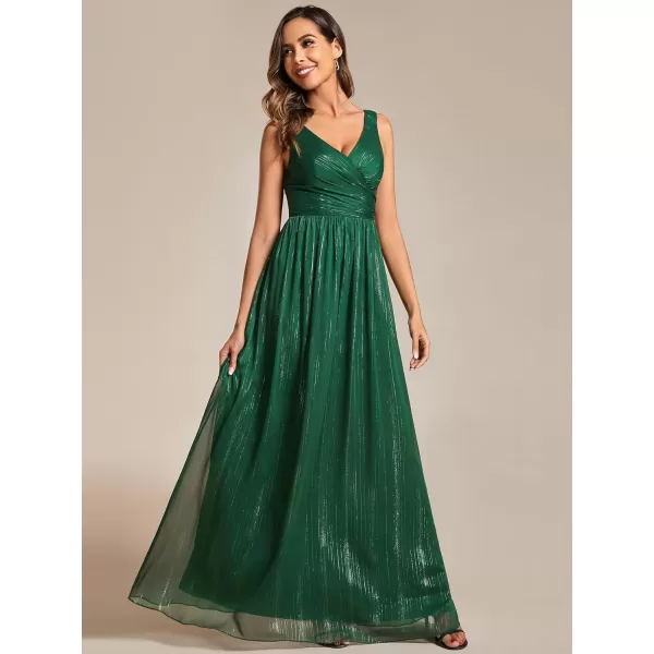 imageEverPretty Womens A Line Glitter Sleeveless Pleated V Neck Maxi Formal Dress 02096Dark Green