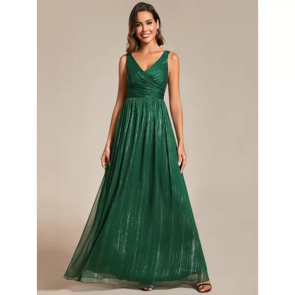 imageEverPretty Womens A Line Glitter Sleeveless Pleated V Neck Maxi Formal Dress 02096Dark Green