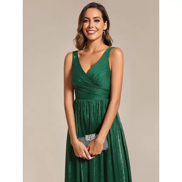 imageEverPretty Womens A Line Glitter Sleeveless Pleated V Neck Maxi Formal Dress 02096Dark Green