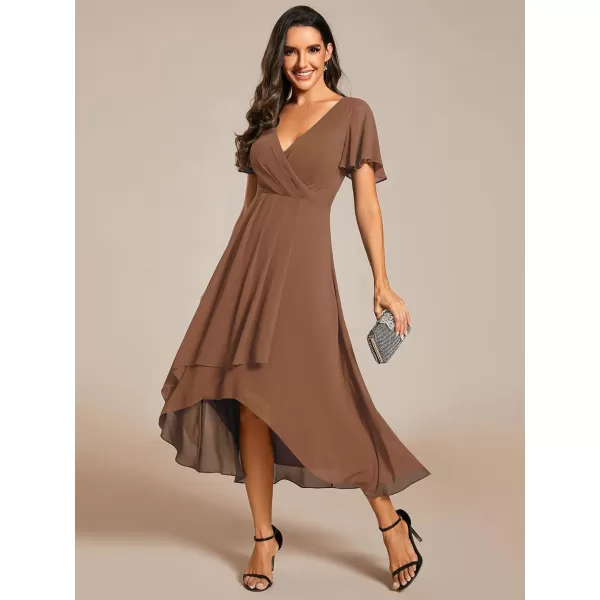 imageEverPretty Womens A Line V Neck Ruffle Sleeves Pleated High Low Formal Dresses 02084Brown